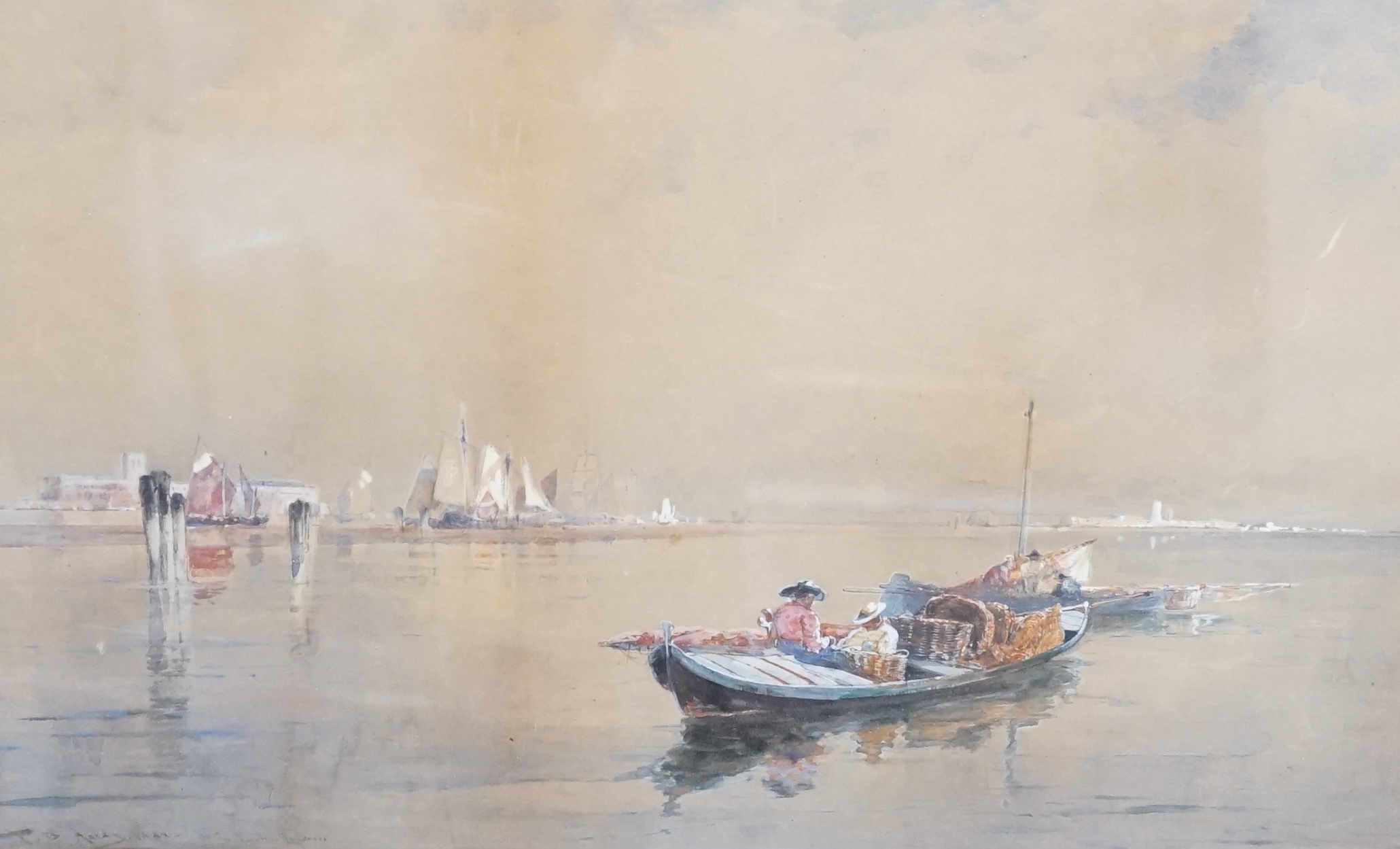 Thomas Bush Hardy (1842-1897), heightened watercolour, Boats at sea, signed, 27 x 42cm. Condition - poor, discolouration and staining to the paper commensurate with age